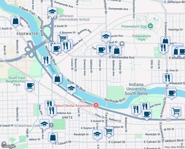 map of restaurants, bars, coffee shops, grocery stores, and more near 1024 Oakland Street in South Bend