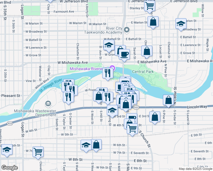 map of restaurants, bars, coffee shops, grocery stores, and more near 235 Ironworks Avenue in Mishawaka