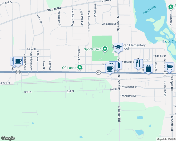 map of restaurants, bars, coffee shops, grocery stores, and more near 108 North Oregon Avenue in Osceola