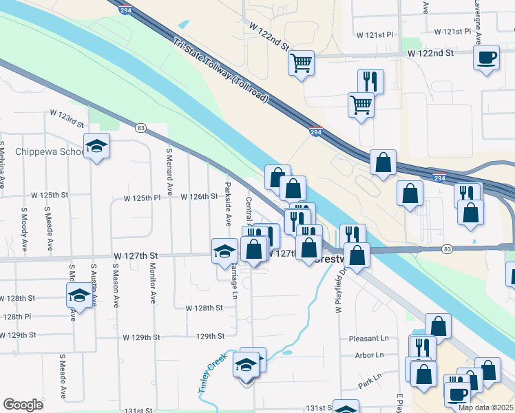 map of restaurants, bars, coffee shops, grocery stores, and more near 12543 South Alpine Drive in Alsip