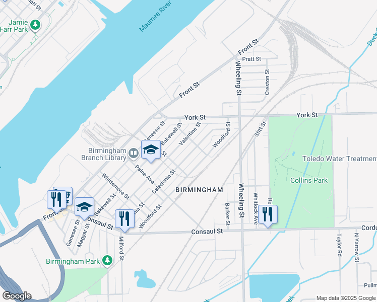 map of restaurants, bars, coffee shops, grocery stores, and more near 2341 Caledonia Street in Toledo