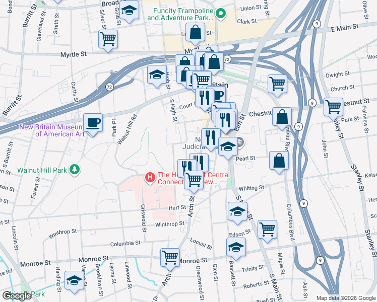 map of restaurants, bars, coffee shops, grocery stores, and more near 145 Arch Street in New Britain