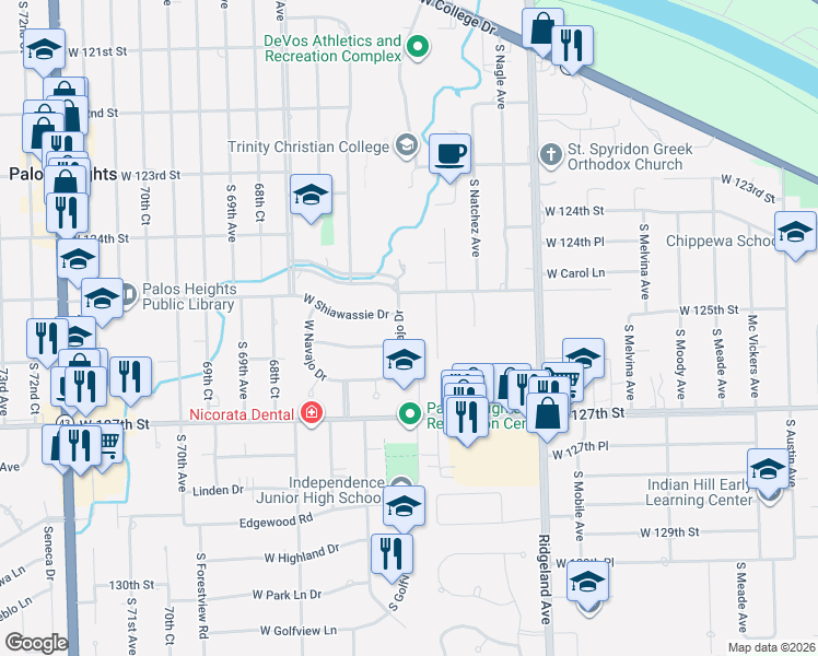 map of restaurants, bars, coffee shops, grocery stores, and more near 12519 East Navajo Drive in Palos Heights