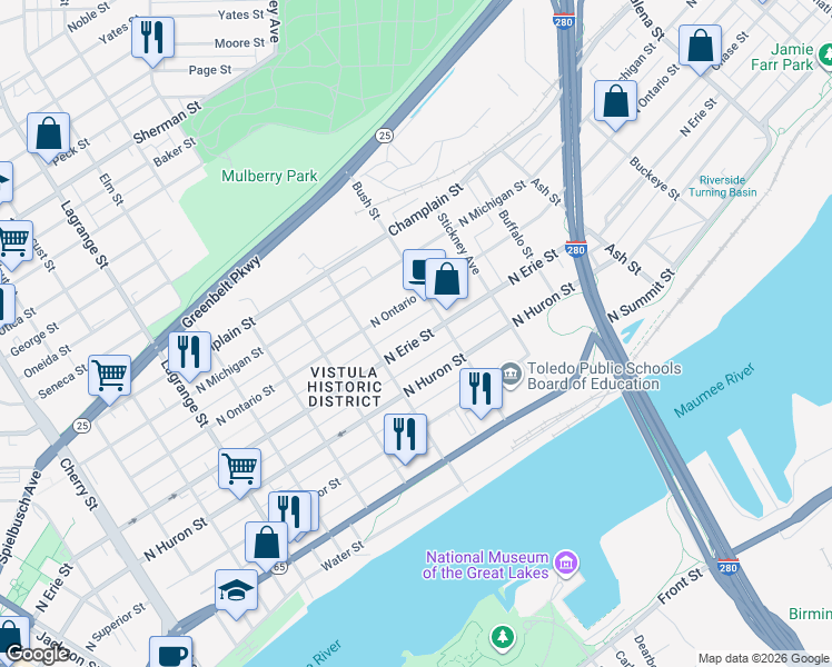 map of restaurants, bars, coffee shops, grocery stores, and more near 1438 North Ontario Street in Toledo