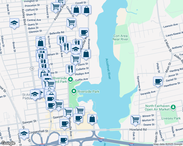 map of restaurants, bars, coffee shops, grocery stores, and more near in New Bedford