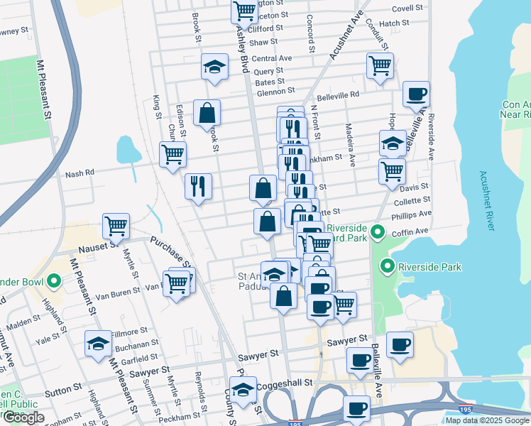 map of restaurants, bars, coffee shops, grocery stores, and more near 295 Ashley Boulevard in New Bedford