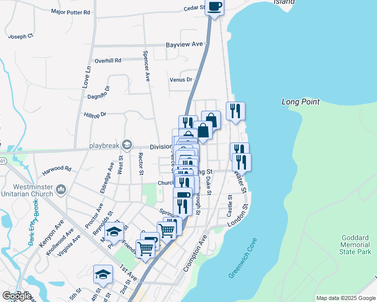 map of restaurants, bars, coffee shops, grocery stores, and more near 6 Main Street in East Greenwich