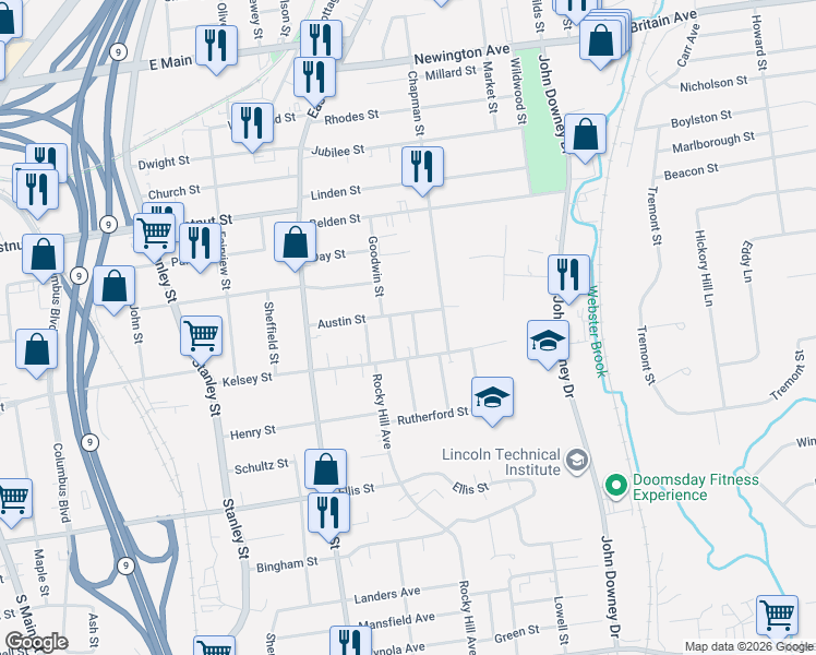 map of restaurants, bars, coffee shops, grocery stores, and more near 131 Austin Street in New Britain