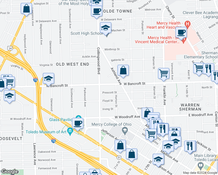 map of restaurants, bars, coffee shops, grocery stores, and more near 403 Bancroft Street in Toledo