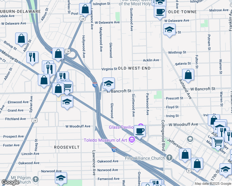 map of restaurants, bars, coffee shops, grocery stores, and more near in Toledo