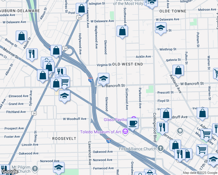 map of restaurants, bars, coffee shops, grocery stores, and more near in Toledo