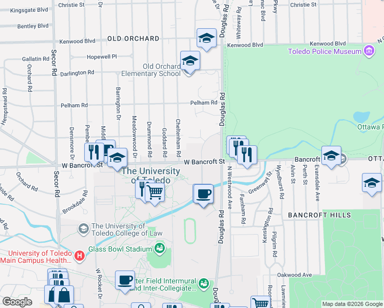 map of restaurants, bars, coffee shops, grocery stores, and more near 2224 Cheltenham Road in Toledo