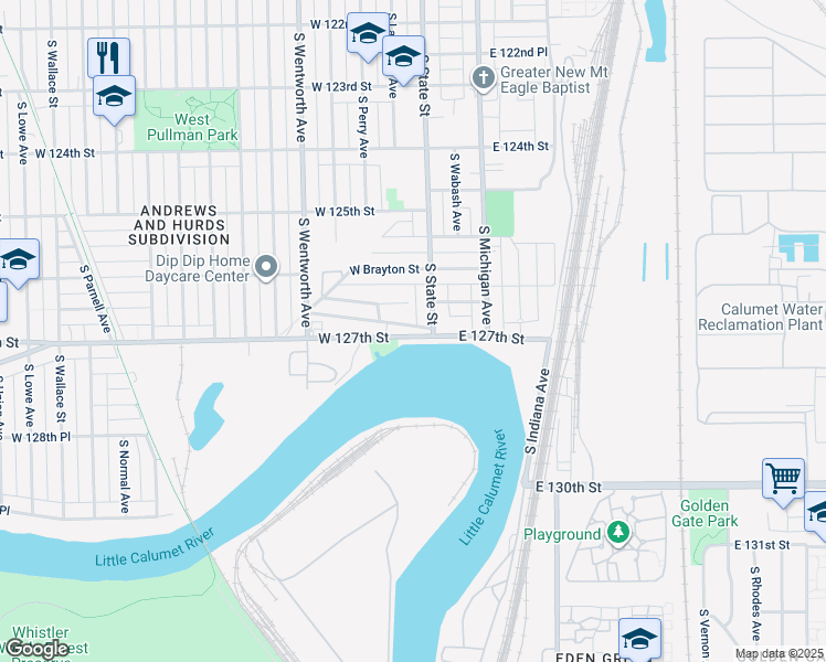 map of restaurants, bars, coffee shops, grocery stores, and more near 136 West 127th Street in Chicago