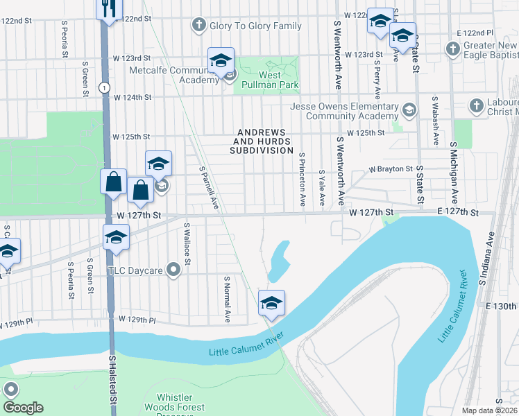 map of restaurants, bars, coffee shops, grocery stores, and more near 12643 South Stewart Avenue in Chicago