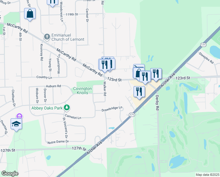 map of restaurants, bars, coffee shops, grocery stores, and more near 12419-12499 Walker Road in Lemont