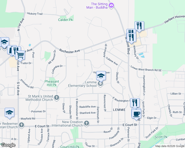 map of restaurants, bars, coffee shops, grocery stores, and more near 205 North Westminster Street in Iowa City