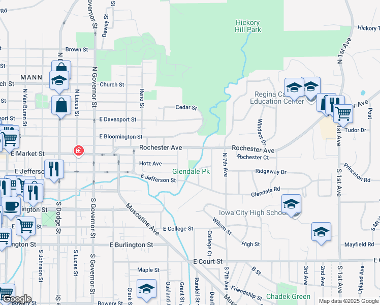 map of restaurants, bars, coffee shops, grocery stores, and more near in Iowa City