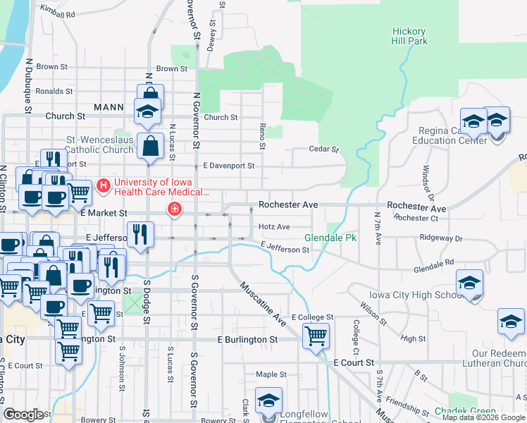 map of restaurants, bars, coffee shops, grocery stores, and more near 1204 Rochester Avenue in Iowa City