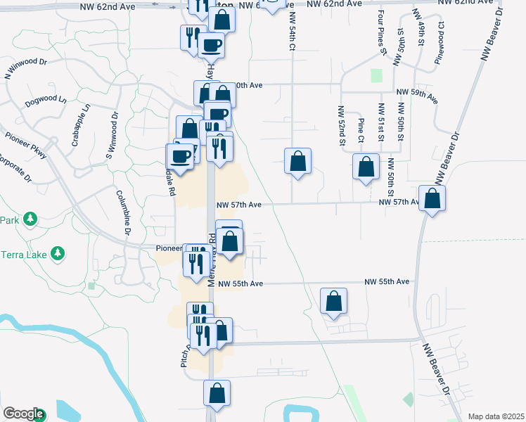 map of restaurants, bars, coffee shops, grocery stores, and more near 5563 Northwest 57th Avenue in Johnston