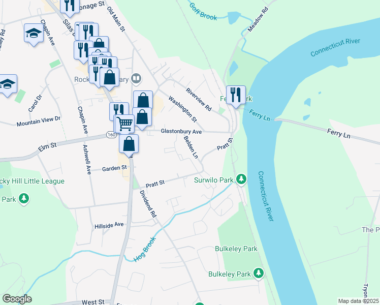 map of restaurants, bars, coffee shops, grocery stores, and more near 35 Belden Lane in Rocky Hill