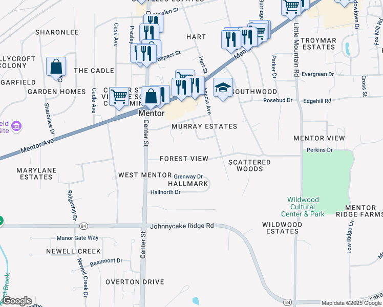 map of restaurants, bars, coffee shops, grocery stores, and more near 7586 Ruth Street in Mentor