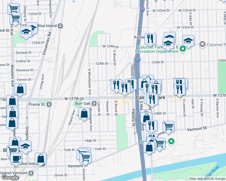 map of restaurants, bars, coffee shops, grocery stores, and more near 12616 South Wood Street in Calumet Park