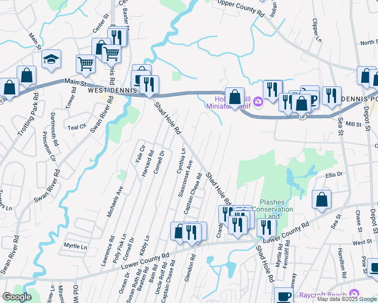 map of restaurants, bars, coffee shops, grocery stores, and more near 73 Shad Hole Road in Dennis
