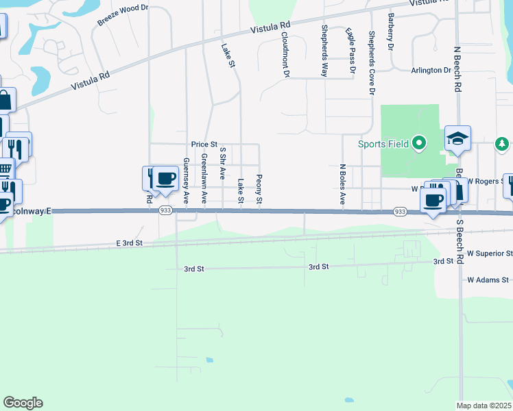 map of restaurants, bars, coffee shops, grocery stores, and more near 143-199 Peony St in Osceola
