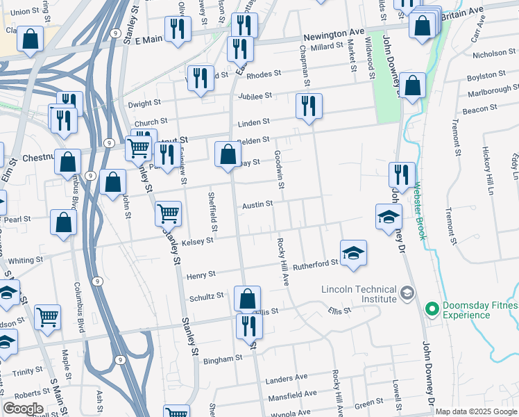 map of restaurants, bars, coffee shops, grocery stores, and more near 39 Austin Street in New Britain