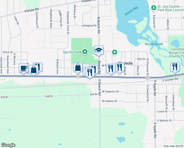 map of restaurants, bars, coffee shops, grocery stores, and more near 901-1109 West Rogers Street in Osceola