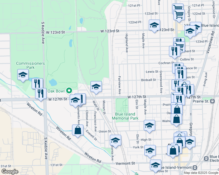 map of restaurants, bars, coffee shops, grocery stores, and more near 12622 California Avenue in Blue Island
