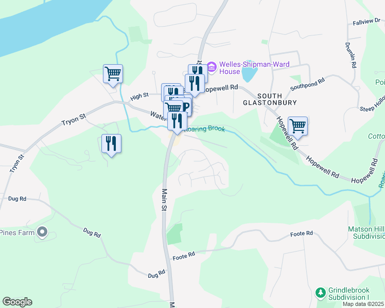 map of restaurants, bars, coffee shops, grocery stores, and more near 58 South Mill Drive in Glastonbury