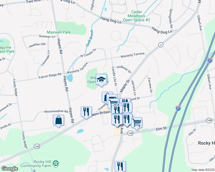 map of restaurants, bars, coffee shops, grocery stores, and more near 1 Dusty Lane in Rocky Hill