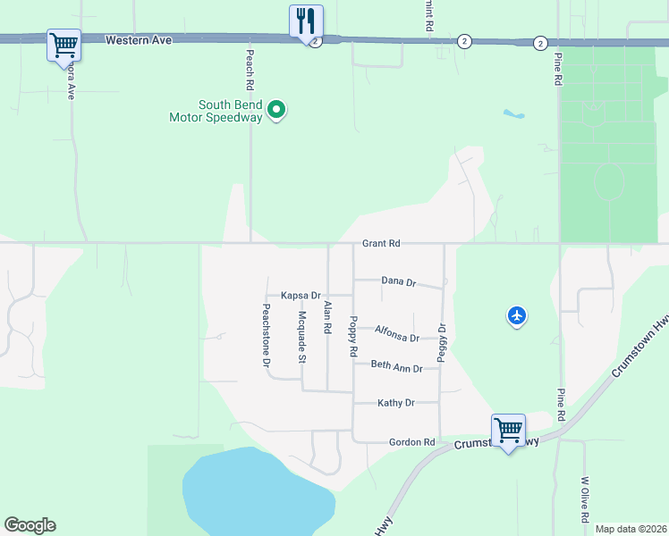 map of restaurants, bars, coffee shops, grocery stores, and more near 57001-57089 Poppy Rd in South Bend