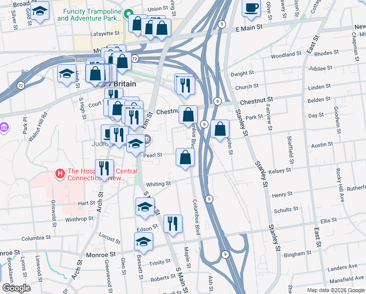 map of restaurants, bars, coffee shops, grocery stores, and more near 285 Columbus Blvd in New Britain