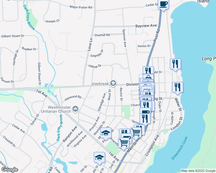 map of restaurants, bars, coffee shops, grocery stores, and more near 144 Division Street in East Greenwich