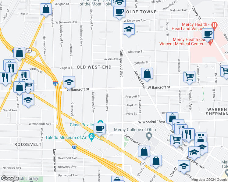 map of restaurants, bars, coffee shops, grocery stores, and more near 527 West Bancroft Street in Toledo