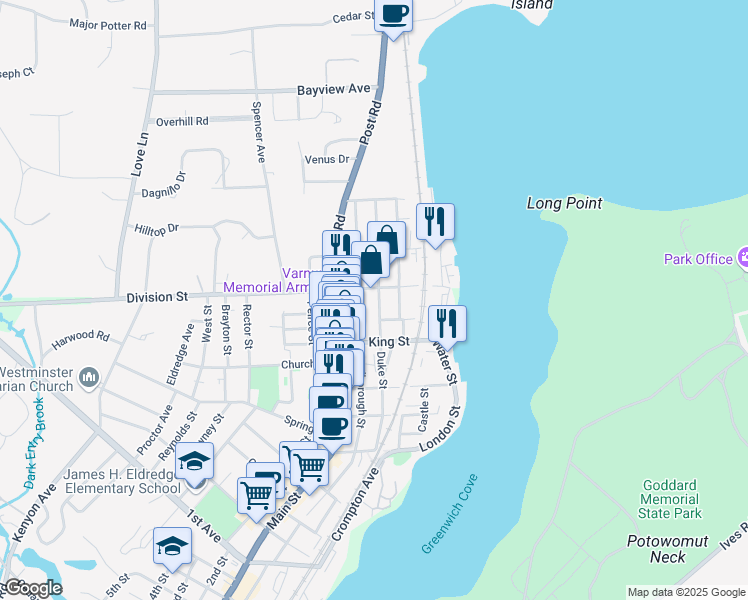 map of restaurants, bars, coffee shops, grocery stores, and more near 11 Duke Street in East Greenwich