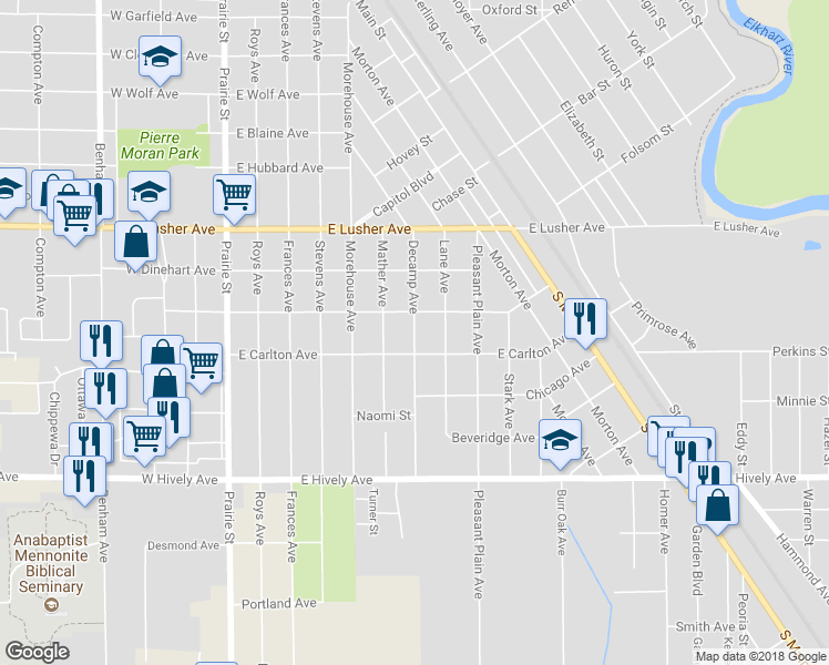 map of restaurants, bars, coffee shops, grocery stores, and more near 2310 Decamp Avenue in Elkhart
