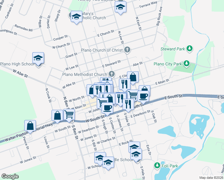 map of restaurants, bars, coffee shops, grocery stores, and more near 18 North James Street in Plano