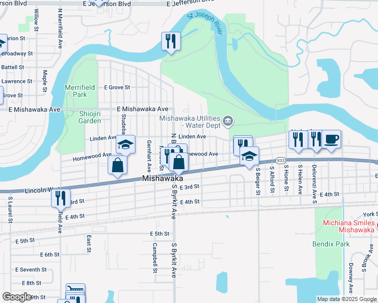 map of restaurants, bars, coffee shops, grocery stores, and more near 311 Miami Club Drive in Mishawaka