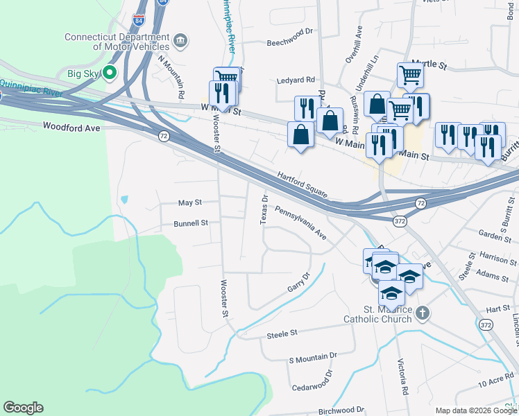 map of restaurants, bars, coffee shops, grocery stores, and more near 66 Barnes Street in New Britain