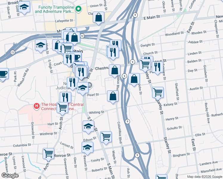 map of restaurants, bars, coffee shops, grocery stores, and more near 285 Columbus Blvd in New Britain