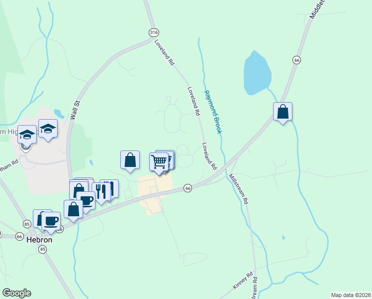 map of restaurants, bars, coffee shops, grocery stores, and more near 7 Gilbert Lane in Hebron