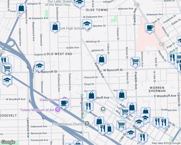 map of restaurants, bars, coffee shops, grocery stores, and more near 425 West Bancroft Street in Toledo