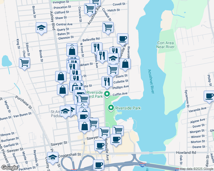 map of restaurants, bars, coffee shops, grocery stores, and more near 73 Collette Street in New Bedford