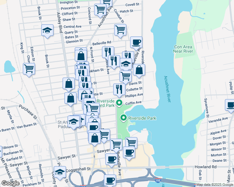 map of restaurants, bars, coffee shops, grocery stores, and more near 109 Collette Street in New Bedford