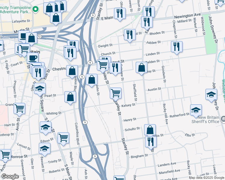 map of restaurants, bars, coffee shops, grocery stores, and more near 77 Pleasant Street in New Britain