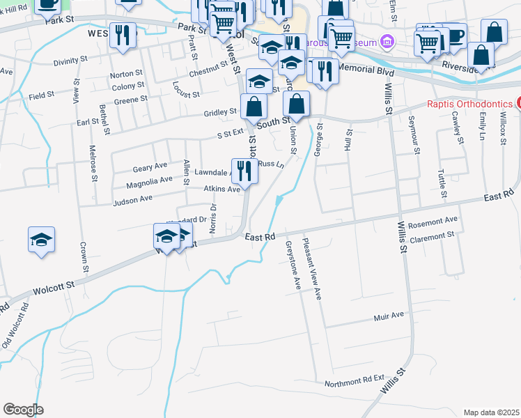 map of restaurants, bars, coffee shops, grocery stores, and more near 121 Wolcott Street in Bristol