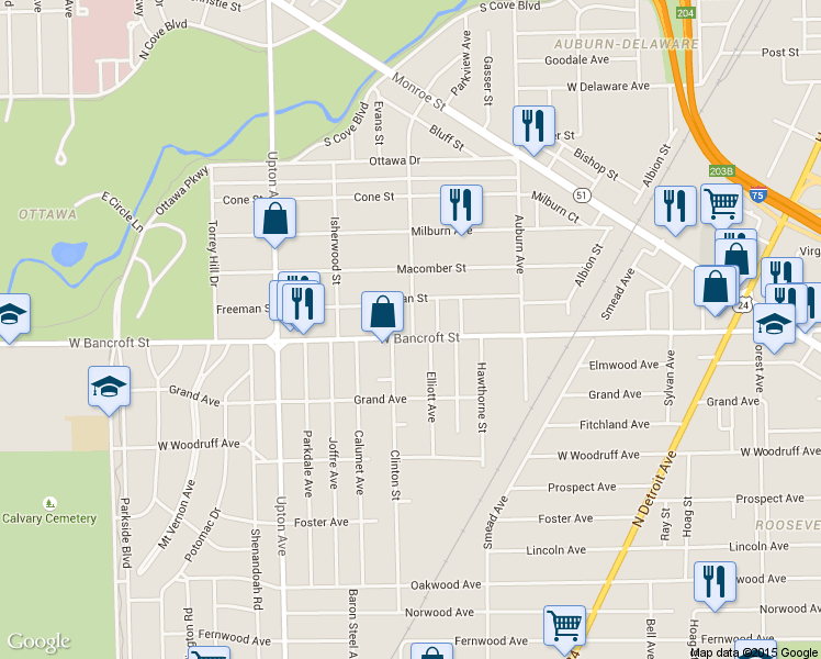 map of restaurants, bars, coffee shops, grocery stores, and more near 2220 Rosedale Avenue in Toledo